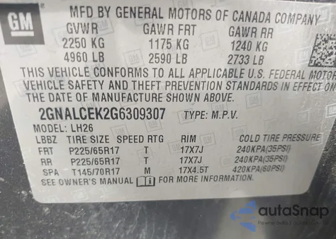 2016 Chevrolet Equinox Lt из США, поврежденный, VIN 2GNALCEK2G6309307